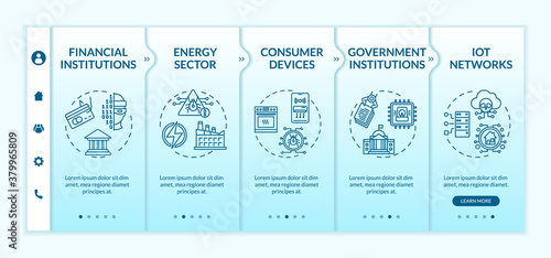 Infrastructure security areas onboarding vector template. Financial institutions. Energy sector. Responsive mobile website with icons. Webpage walkthrough step screens. RGB color concept