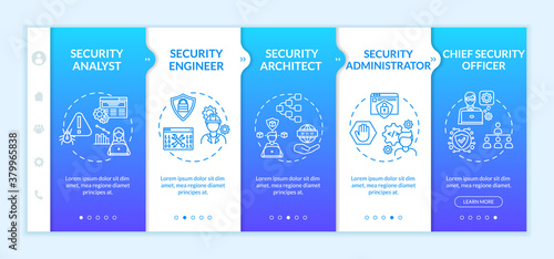 Cybersecurity jobs onboarding vector template. Engineer, analyst, administrator, architect, chief officer. Responsive mobile website with icons. Webpage walkthrough step screens. RGB color concept
