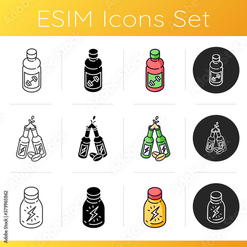 Bottled energy drinks icons set. Sports beverage. Liquid protein for workout. Alcoholic caffeinated shot in bottle. Linear, black and RGB color styles. Isolated vector illustrations