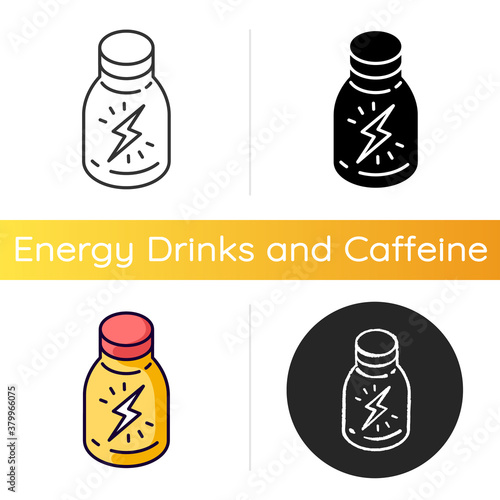 Energy shot icon. Caffeinated beverage. Drink for stamina. Booze in glass bottle. Product to boost vitality. Bottled liquid. Linear black and RGB color styles. Isolated vector illustrations