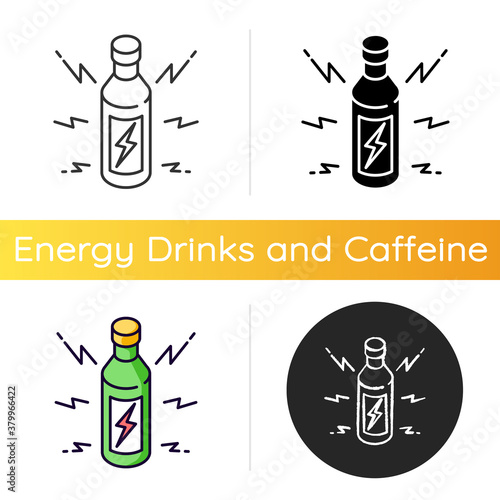 Energy drink icon. Beverage for power boost. Bottle with bolt sign. Energetic effect. Bottled liquid for stamina. Brew in package. Linear black and RGB color styles. Isolated vector illustrations