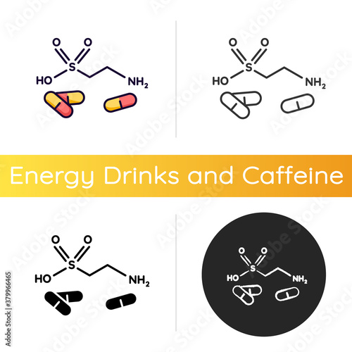 Taurine icon. Scientific formula for organic compound. Energy drink supplement. Pharmaceutical additive. Atomic bond of organic drug. Linear black and RGB color styles. Isolated vector illustrations