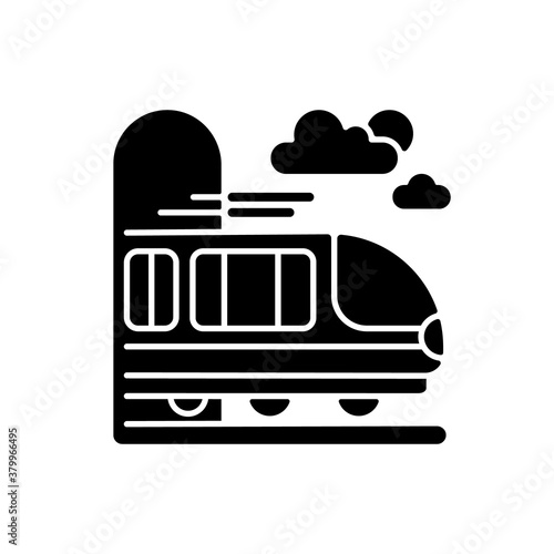 Coach car black glyph icon. Modern railroad transportation, quick railway vehicle silhouette symbol on white space. Express commuter train, fast intercity travel. Vector isolated illustration