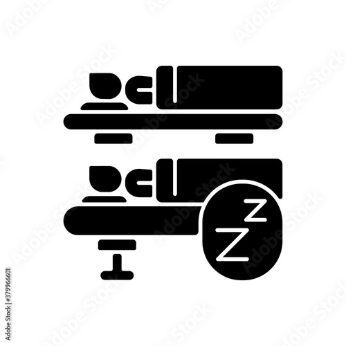 Sleeping car black glyph icon. Trip on night train, comfortable intercity travel. Railway transportation service silhouette symbol on white space. Sleeping passengers vector isolated illustration