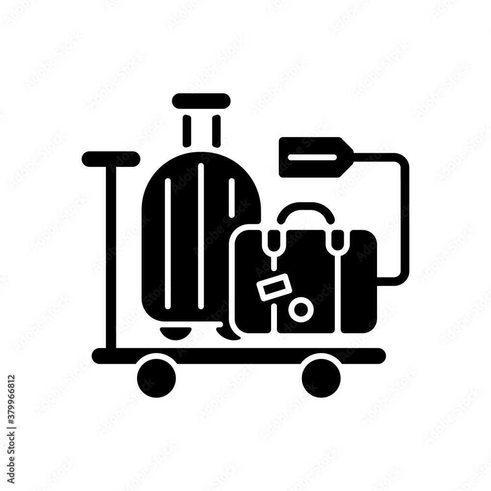 Baggage car black glyph icon. Railway transportation, train service. Holiday trip, vacation silhouette symbol on white space. Passenger personal belongings, suitcases vector isolated illustration Baggage car black glyph icon. Railway transportation, train service. Holiday trip, vacation silhouette symbol on white space. Passenger personal belongings, suitcases vector isolated illustration