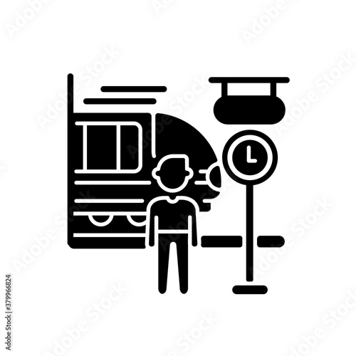 Commuter train black glyph icon. Intercity railroad transportation, urban railway service silhouette symbol on white space. Passenger and arriving train at rail station vector isolated illustration