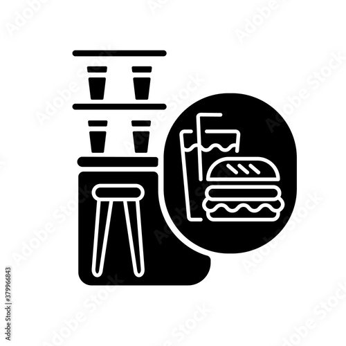 Snack bar black glyph icon. Onboard restaurant wagon for passengers. Railroad transportation service silhouette symbol on white space. Counter with drinks and fast food vector isolated illustration
