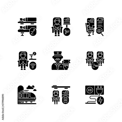 Railroad travel black glyph icons set on white space. Affordable and first class train services silhouette symbols. Railway transportation, urban and intercity commuting. Vector isolated illustration