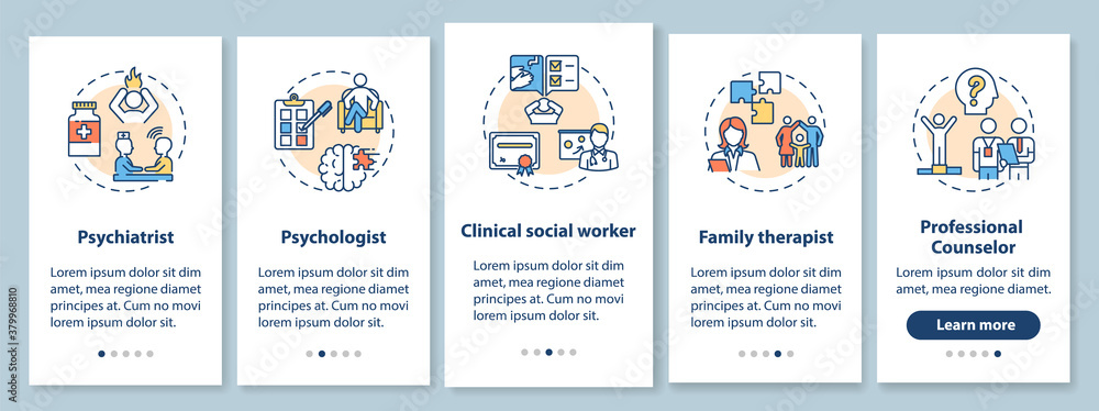 Psychotherapy jobs onboarding mobile app page screen with concepts. Psychiatrist, family therapist walkthrough 5 steps graphic instructions. UI vector template with RGB color illustrations