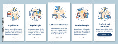 Psychotherapy jobs onboarding mobile app page screen with concepts. Psychiatrist, family therapist walkthrough 5 steps graphic instructions. UI vector template with RGB color illustrations