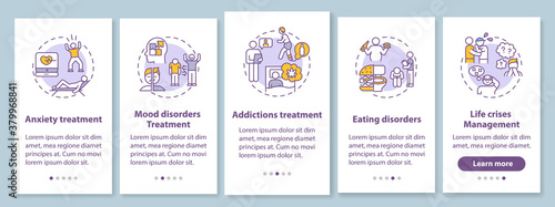 Psychotherapy tasks onboarding mobile app page screen with concepts. Anxiety, addictions treatment walkthrough 5 steps graphic instructions. UI vector template with RGB color illustrations