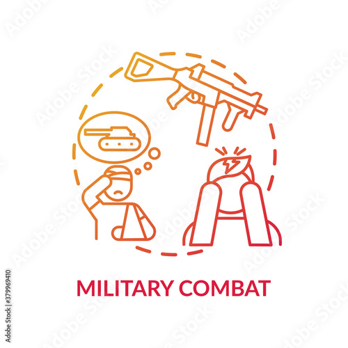 Military combat concept icon. Posttraumatic stress disorder idea thin line illustration. Veterans issues. Cognitive-behavioral therapy. Counseling. Vector isolated outline RGB color drawing