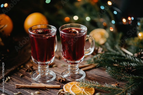 mulled wine in glasses on the table with Christmas decor