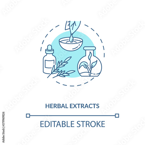 Herbal extracts concept icon. Botanical ingredients in energy drinks idea thin line illustration. Herbal tinctures. Phytochemicals. Vector isolated outline RGB color drawing. Editable stroke