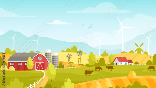 Agriculture and farming. Vector rural landscape with farm, windmill, field, hills, trees, dawn, cows. Autumn fall fields farming illustration. Eco summer village concept. Alternative energy resource