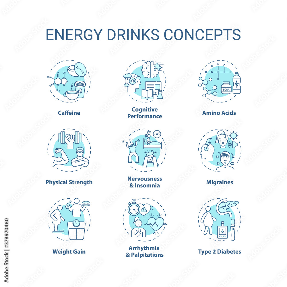 Energy drinks concept icons set. Health issues idea thin line RGB color illustrations. Caffeine. Migraines. Amino acids. Physical strength. Vector isolated outline drawings. Editable stroke