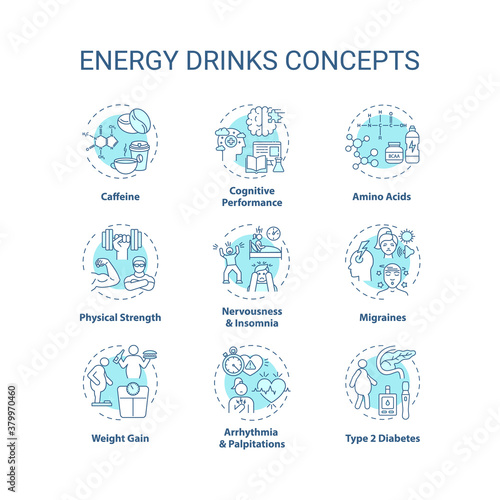 Energy drinks concept icons set. Health issues idea thin line RGB color illustrations. Caffeine. Migraines. Amino acids. Physical strength. Vector isolated outline drawings. Editable stroke