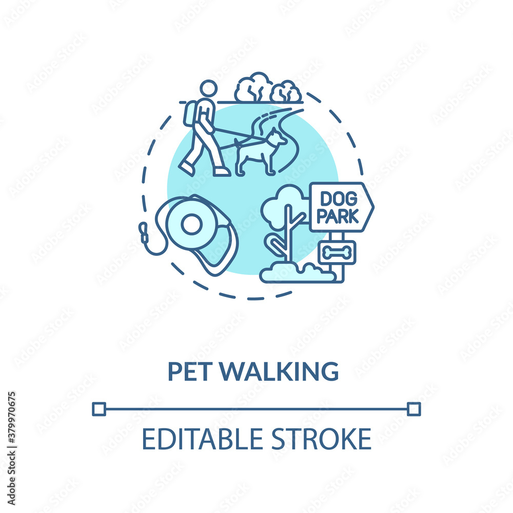 Pet walking concept icon. Pet services. Animal best time spending types. Little friends gaming time. Activities idea thin line illustration. Vector isolated outline RGB color drawing. Editable stroke Pet walking concept icon. Pet services. Animal best time spending types. Little friends gaming time. Activities idea thin line illustration. Vector isolated outline RGB color drawing. Editable stroke