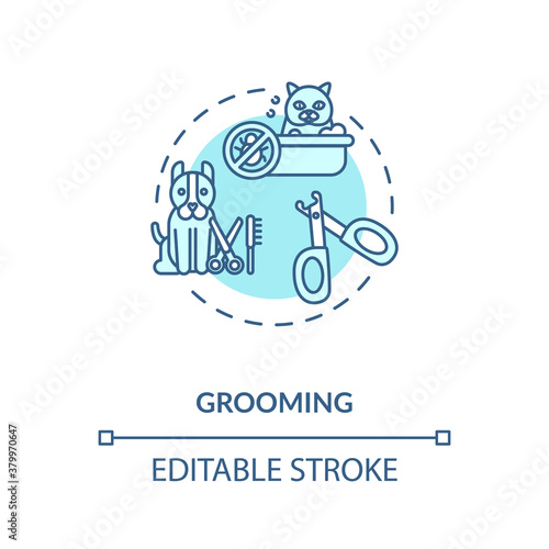 Grooming concept icon. Pet services. Animal style care salon. Little companion health. Vetirenary idea thin line illustration. Vector isolated outline RGB color drawing. Editable stroke