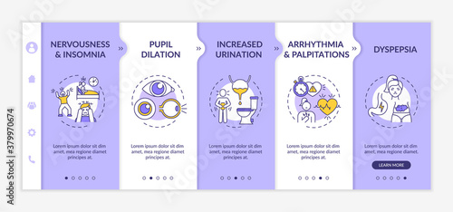 Energetics negative health effects onboarding vector template. Pupil dilation. Arrhythmia and palpitations. Responsive mobile website with icons. Webpage walkthrough step screens. RGB color concept