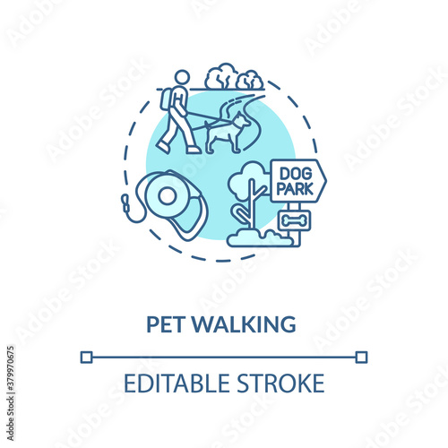 Pet walking concept icon. Pet services. Animal best time spending types. Little friends gaming time. Activities idea thin line illustration. Vector isolated outline RGB color drawing. Editable stroke