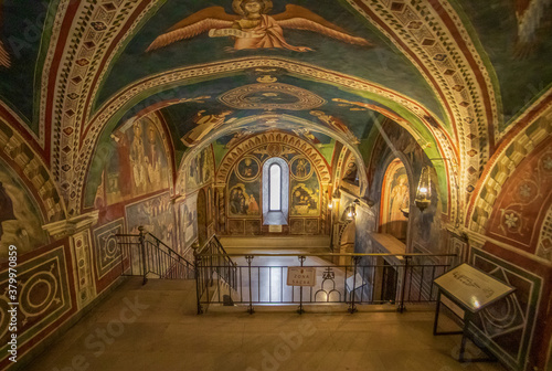 Subiaco, Italy - main sight of Subiaco and one of the most beautiful Benedictine monasteries in the World, the Sacro Speco Monastery displays amazing frescoes. Here in particular its interiors © SirioCarnevalino