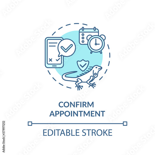 Confirm appointment concept icon. Grooming salon services app. Animal buying confirmation. Pet market buyment idea thin line illustration. Vector isolated outline RGB color drawing. Editable stroke