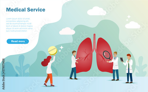 Medical and healthcare service concept. Group of Doctor team, men and woman diagnosis and maintenence patient lungs. Landing page, Vector.
