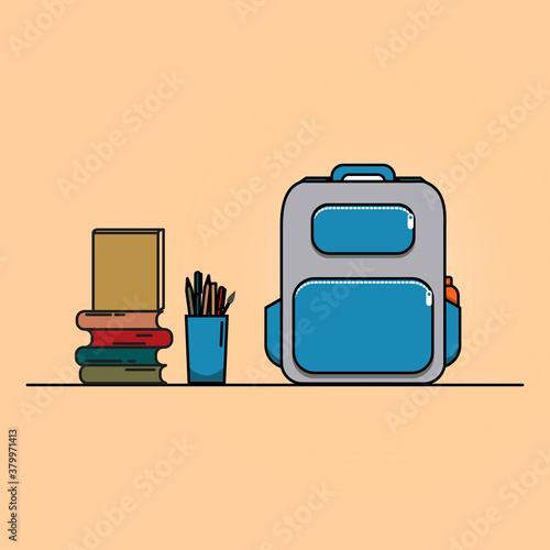 Blue school kids' or hiking backpack and accessories, stationery for education. Flat style.