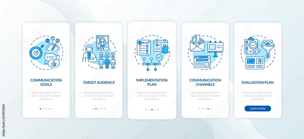 Communication strategy components onboarding mobile app page screen with concepts. Communication group walkthrough 5 steps graphic instructions. UI vector template with RGB color illustrations Communication strategy components onboarding mobile app page screen with concepts. Communication group walkthrough 5 steps graphic instructions. UI vector template with RGB color illustrations