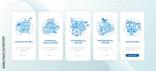 PESTEL analysis onboarding mobile app page screen with concepts. Different communicational troubles walkthrough 5 steps graphic instructions. UI vector template with RGB color illustrations