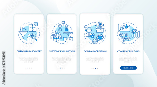 Customer development framework onboarding mobile app page screen with concepts. Communication ideas walkthrough 4 steps graphic instructions. UI vector template with RGB color illustrations