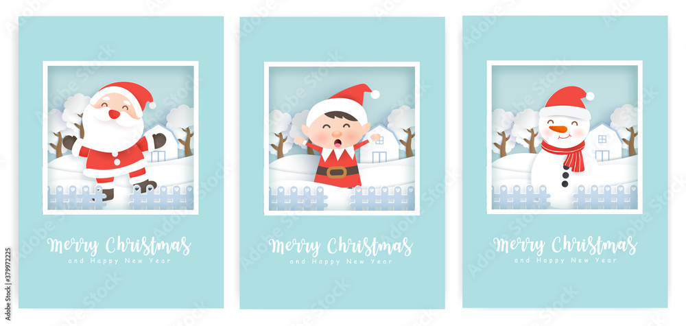 Fototapeta Set of Christmas cards and new year greeting cards with a cute Santa clause and friends.