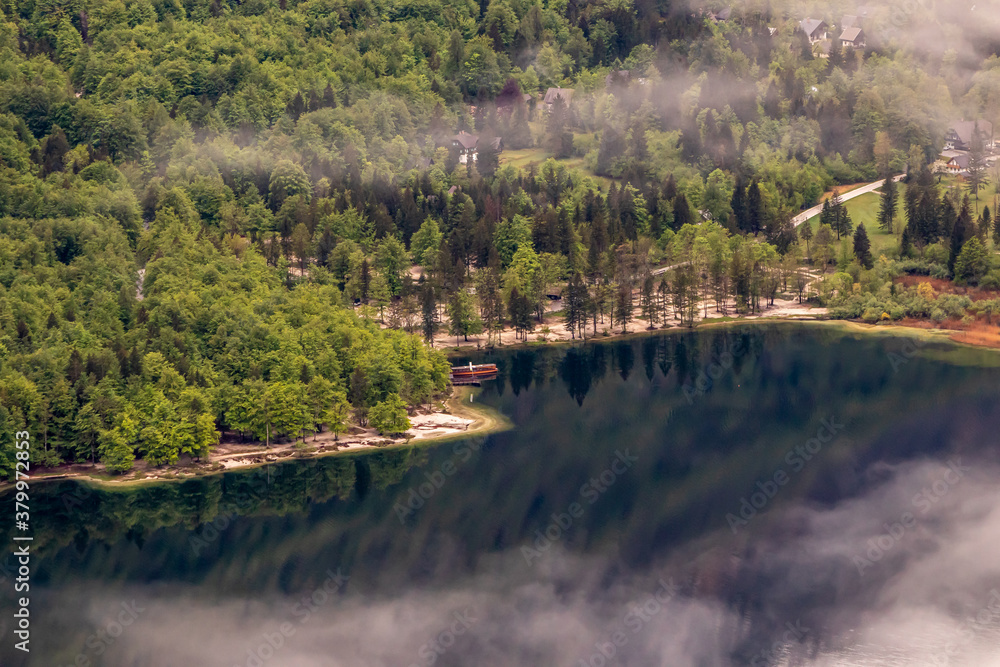 Fototapeta premium Bohinj lake coastline covered in fog
