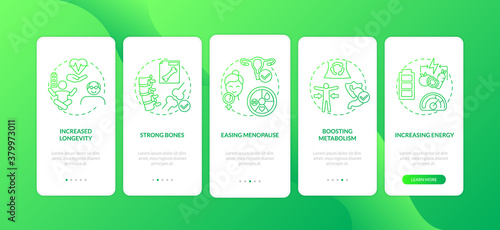 Vegetarianism pros onboarding mobile app page screen with concepts. Eco ingredients lifestyle advices walkthrough 5 steps graphic instructions. UI vector template with RGB color illustrations