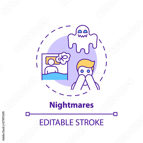 Nightmares concept icon. Night terrors. Healthcare problem. Awake from fear. Anxiety and stress. Sleep disorder idea thin line illustration. Vector isolated outline RGB color drawing. Editable stroke