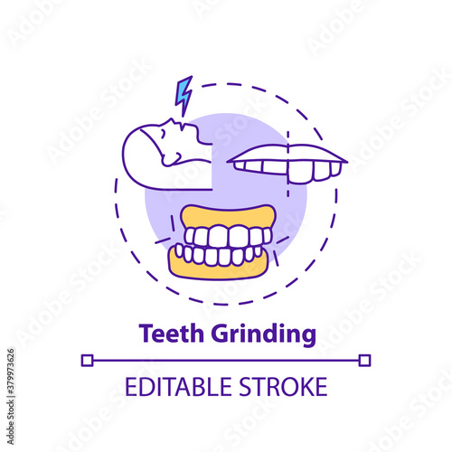 Teeth grinding concept icon. Dental problem. Orthodontic care. Healthcare issue. Sleep disorder cause idea thin line illustration. Vector isolated outline RGB color drawing. Editable stroke