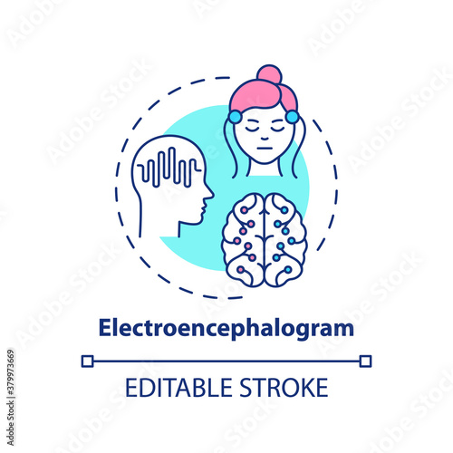 Electroencephalogram concept icon. Scientific brain study. Healthcare exam. Medical examination technology idea thin line illustration. Vector isolated outline RGB color drawing. Editable stroke
