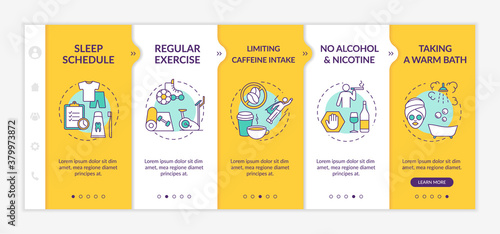 Sleep improvement onboarding vector template. Nighttime routine for better dreaming. No alcohol and nicotine. Responsive mobile website with icons. Webpage walkthrough step screens. RGB color concept