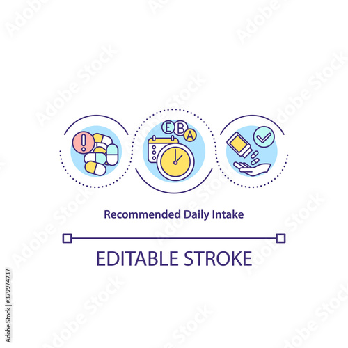 Recommended daily intake concept icon. Healthy lifestyle with supplement and vitamins. Medication regimen idea thin line illustration. Vector isolated outline RGB color drawing. Editable stroke