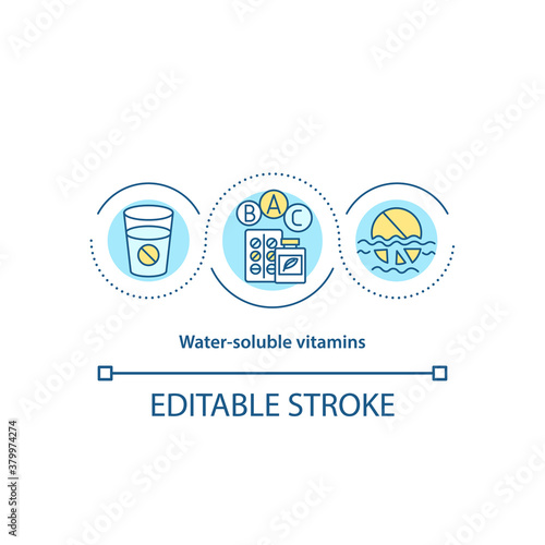 Water soluble vitamins concept icon. Intake of pills and medicines idea thin line illustration. Supplements for better health. Vector isolated outline RGB color drawing. Editable stroke