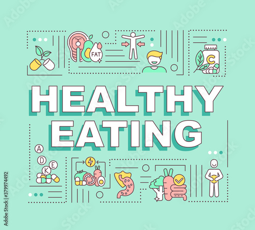 Healthy eating word concepts banner. Weight loss is result of proper nutrition. Infographics with linear icons on mint green background. Isolated typography. Vector outline RGB color illustration