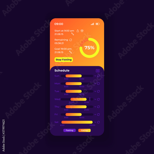 Fasting tracker smartphone interface vector template. Mobile app page nightmode design layout. Controller daily diet screen. Flat UI for application. Eating interval reminder Phone display