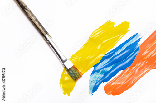 Red  Blue and Yellow Paint with a Small Paint Brush on White Background