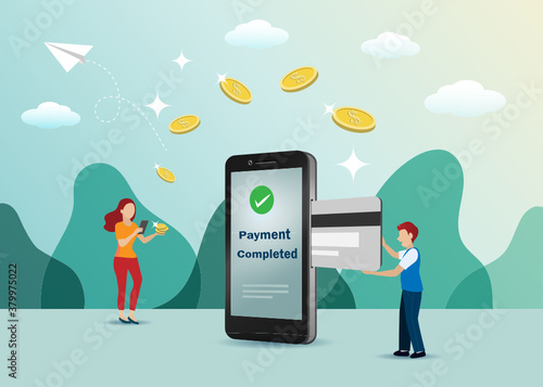 Man holding credit card on smart phone, arrange online payment to woman. Idea for digital payment, online shopping, internet banking and financial technology concept