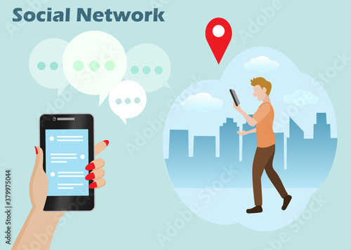 Woman hand holding smartphone  chatting with man in city with GPS icons. Idea for social networking, social media marketing and digital online technology concept.