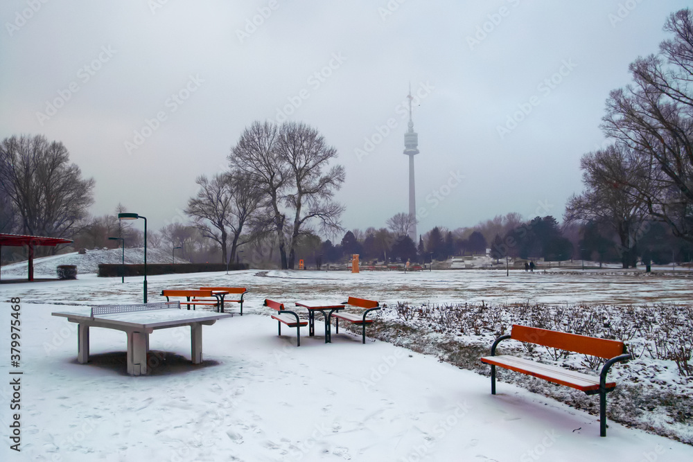 View of Donaupark and Danube tower in winter, Vienna, Austria View of Donaupark and Danube tower in winter, Vienna, Austria