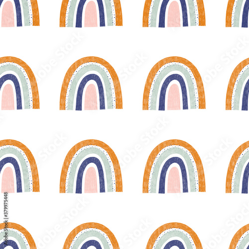 Seamless pattern of trendy cute rainbow illustration in pastel colors isolated elements on white background