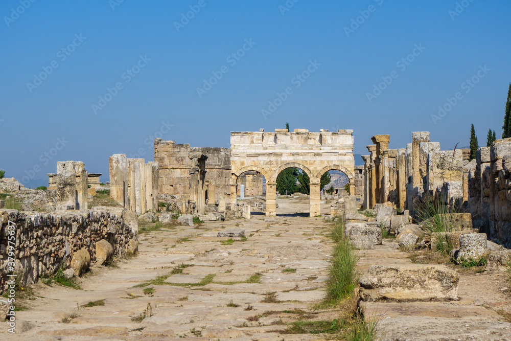 Panoramic view onto Frontinus street of antique city Hierapolis, Pamukkale, Turkey. There are monumental Domitian gates with towers & colonnaded street. City included in UNESCO World Heritage List