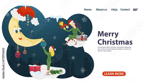 banner for Christmas and new year design of web pages mobile applications assistants elves dress up the moon flat vector illustration